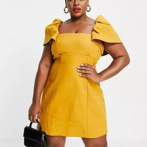 ASOS Curve square neck linen ruched sleeve mini dress tie in mustard size 22